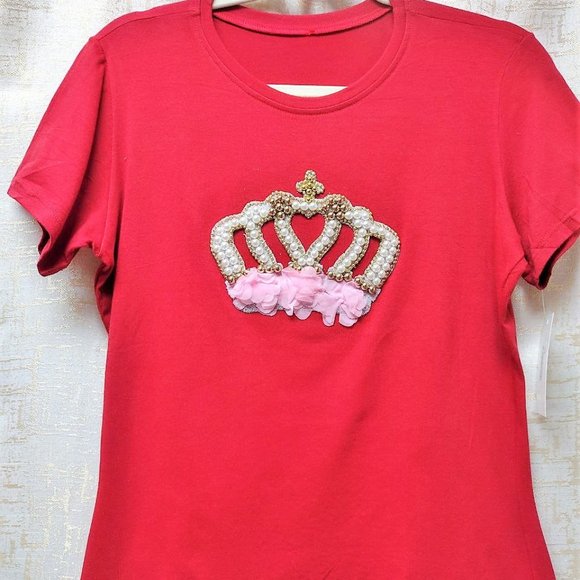 QUEEN Crown Rhinestone/Pearls HANDMADE, Ladies Tee, Bling T-Shirt, RED - Picture 3 of 6